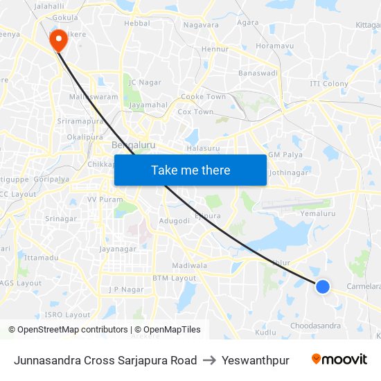 Junnasandra Cross Sarjapura Road to Yeswanthpur map