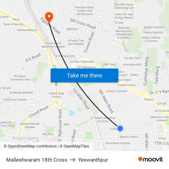 Malleshwaram 18th Cross to Yeswanthpur map
