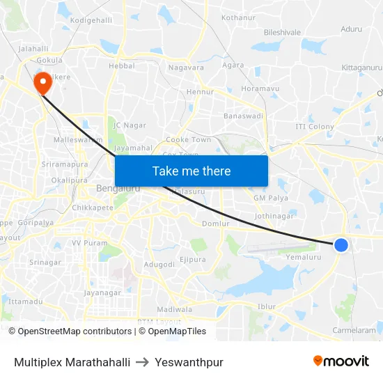 Multiplex Marathahalli to Yeswanthpur map