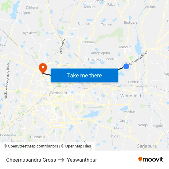 Cheemasandra Cross to Yeswanthpur map