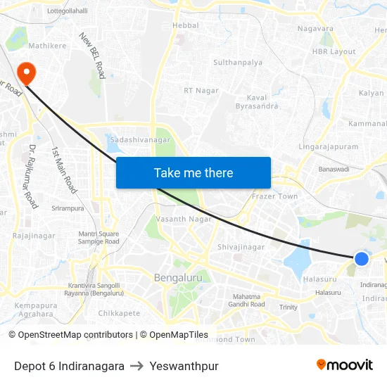 Depot 6 Indiranagara to Yeswanthpur map