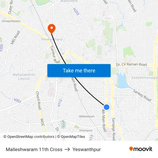 Malleshwaram 11th Cross to Yeswanthpur map