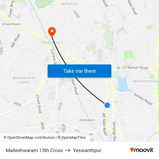 Malleshwaram 13th Cross to Yeswanthpur map