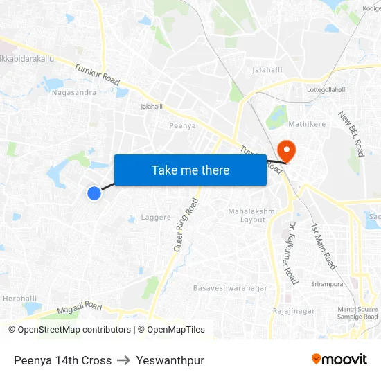 Peenya 14th Cross to Yeswanthpur map