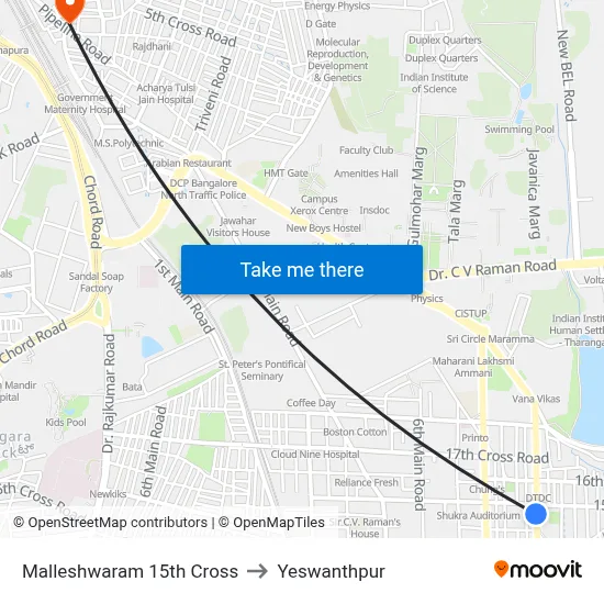 Malleshwaram 15th Cross to Yeswanthpur map
