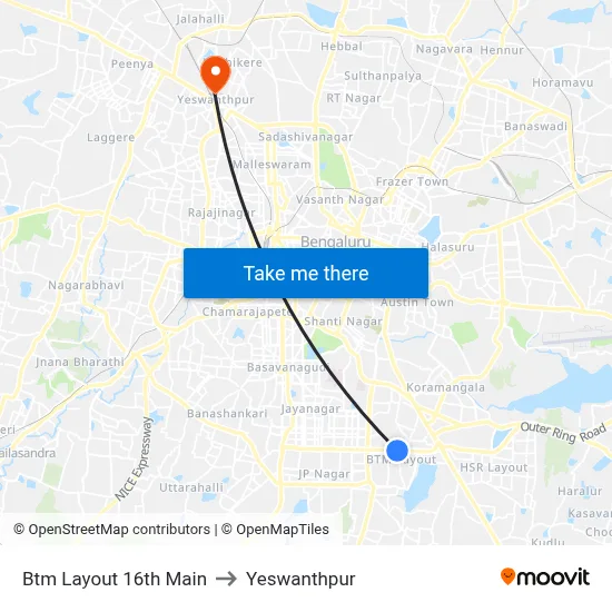 Btm Layout 16th Main to Yeswanthpur map