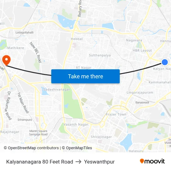 Kalyananagara 80 Feet Road to Yeswanthpur map