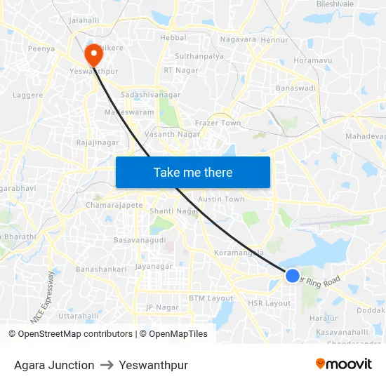 Agara Junction to Yeswanthpur map