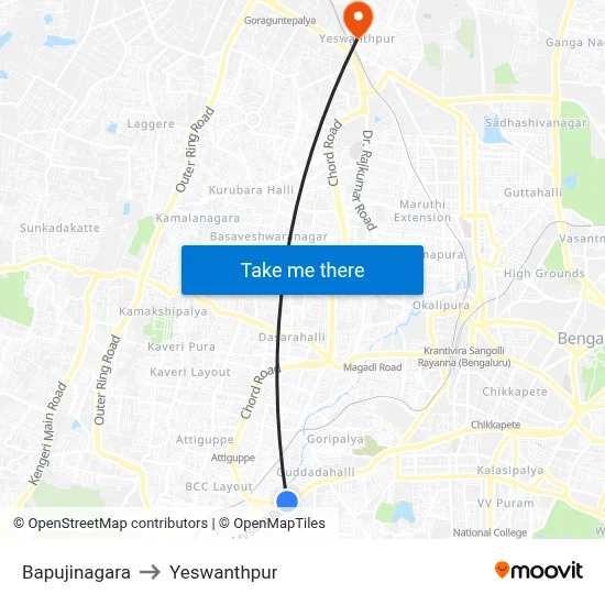 Bapujinagara to Yeswanthpur map