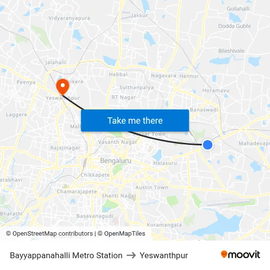 Bayyappanahalli Metro Station to Yeswanthpur map
