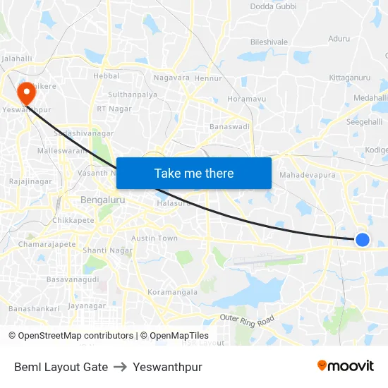 Beml Layout Gate to Yeswanthpur map