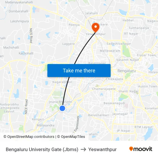 Bengaluru University Gate (Jbms) to Yeswanthpur map