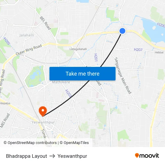 Bhadrappa Layout to Yeswanthpur map