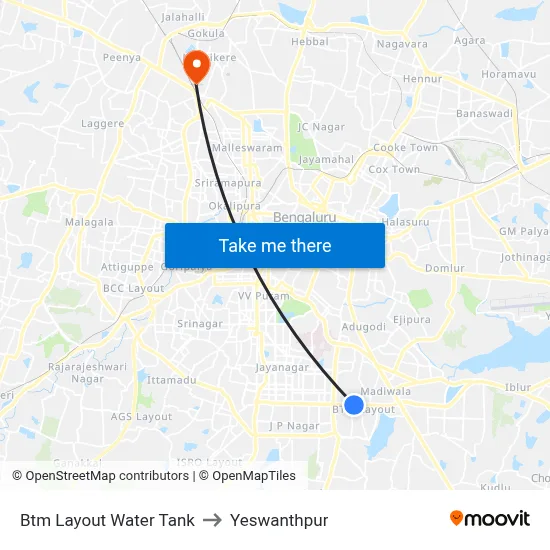 Btm Layout Water Tank to Yeswanthpur map