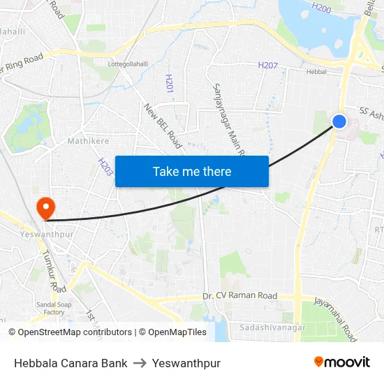 Hebbala Canara Bank to Yeswanthpur map