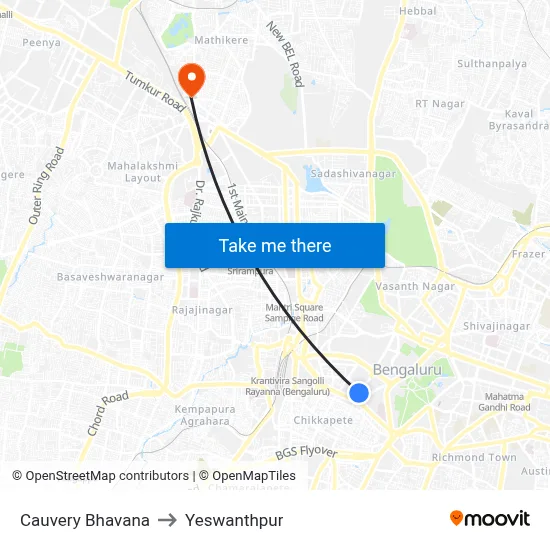 Cauvery Bhavana to Yeswanthpur map