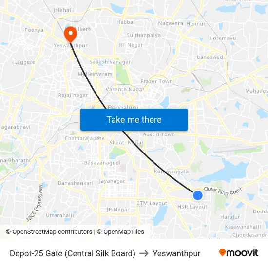 Depot-25 Gate (Central Silk Board) to Yeswanthpur map