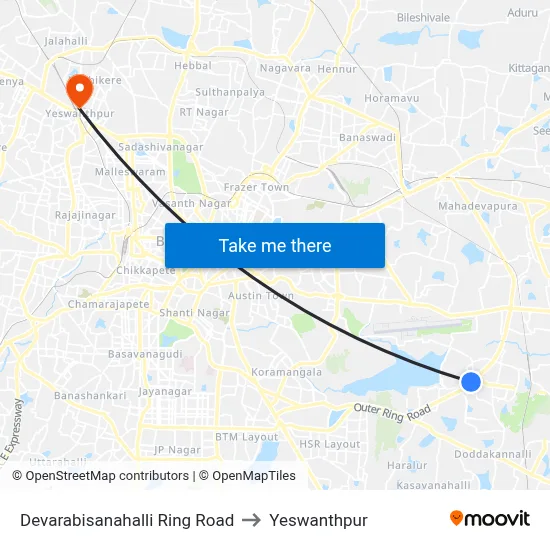 Devarabisanahalli Ring Road to Yeswanthpur map