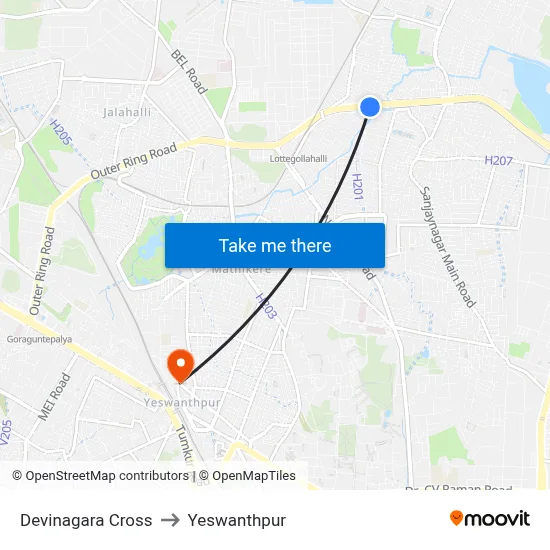 Devinagara Cross to Yeswanthpur map