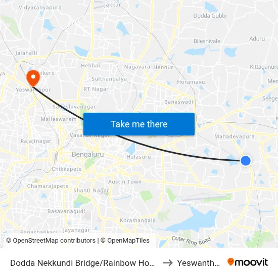Dodda Nekkundi Bridge/Rainbow Hospital to Yeswanthpur map