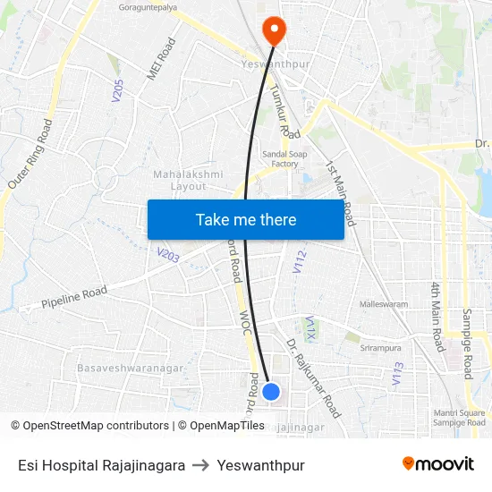Esi Hospital Rajajinagara to Yeswanthpur map
