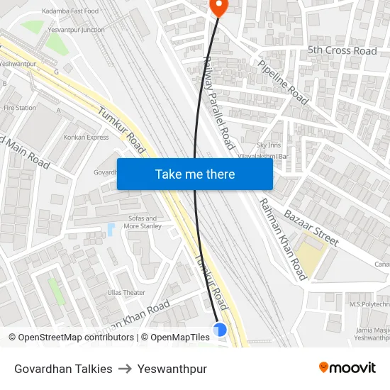 Govardhan Talkies to Yeswanthpur map