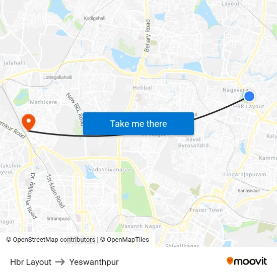 Hbr Layout to Yeswanthpur map
