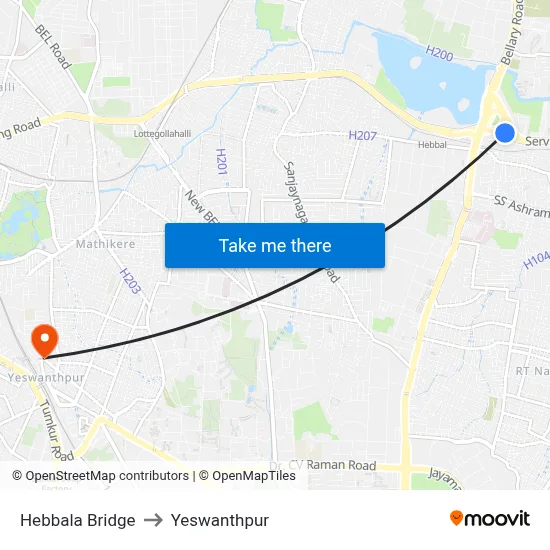 Hebbala Bridge to Yeswanthpur map