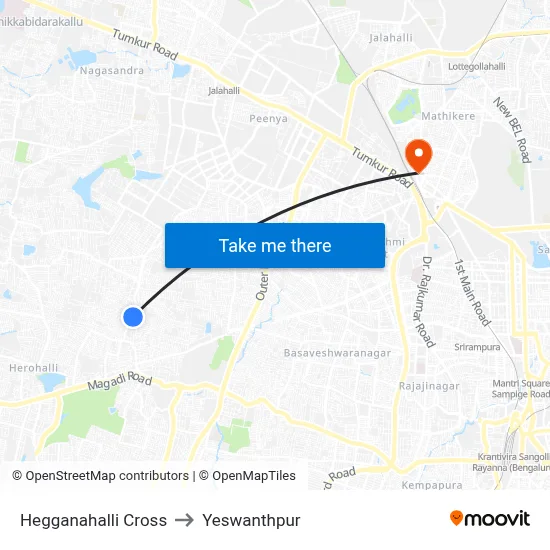 Hegganahalli Cross to Yeswanthpur map