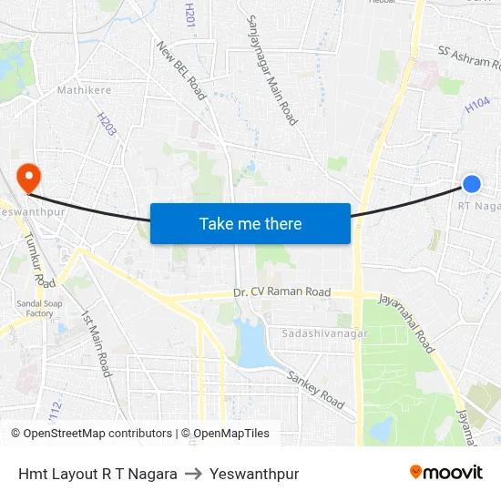 Hmt Layout R T Nagara to Yeswanthpur map