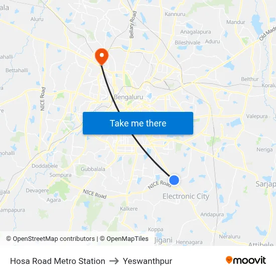 Hosa Road Metro Station to Yeswanthpur map