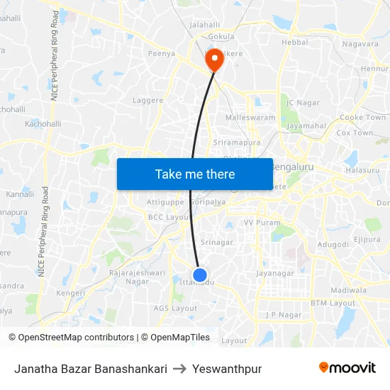 Janatha Bazar Banashankari to Yeswanthpur map