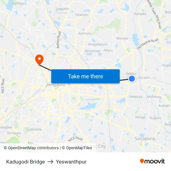 Kadugodi Bridge to Yeswanthpur map