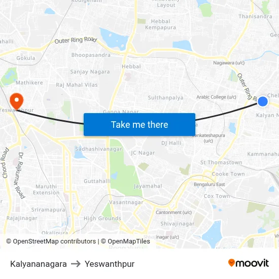 Kalyananagara to Yeswanthpur map