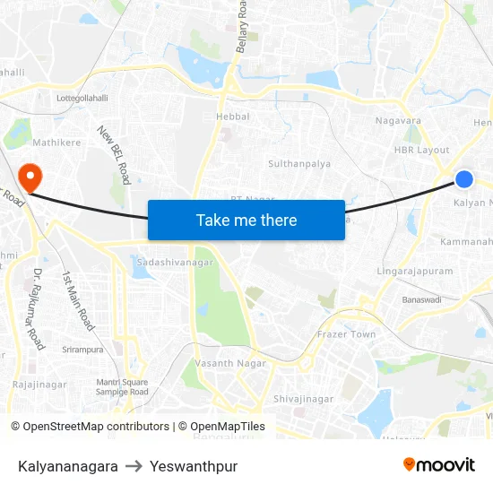 Kalyananagara to Yeswanthpur map