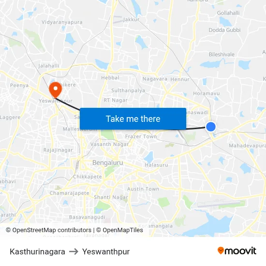 Kasthurinagara to Yeswanthpur map