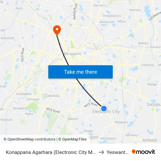 Konappana Agarhara (Electronic City Metro Station) to Yeswanthpur map