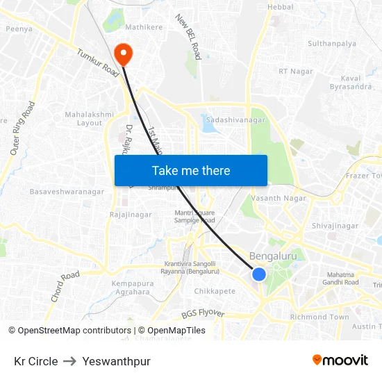 Kr Circle to Yeswanthpur map