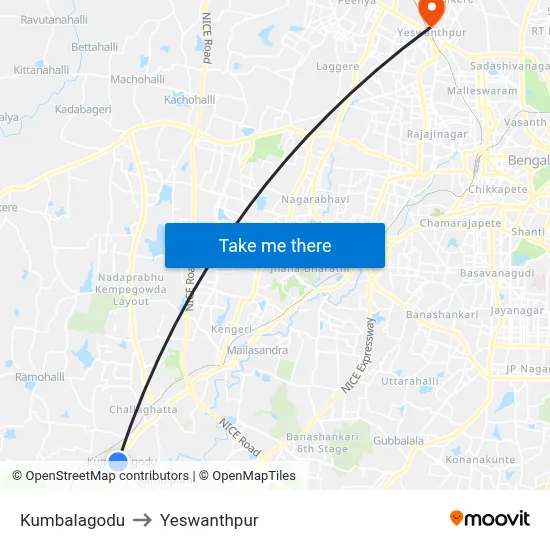 Kumbalagodu to Yeswanthpur map