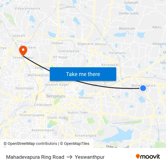 Mahadevapura Ring Road to Yeswanthpur map