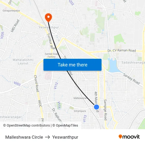 Malleshwara Circle to Yeswanthpur map
