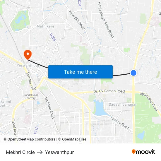 Mekhri Circle to Yeswanthpur map