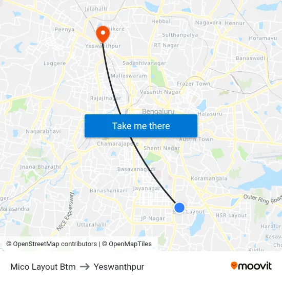 Mico Layout Btm to Yeswanthpur map