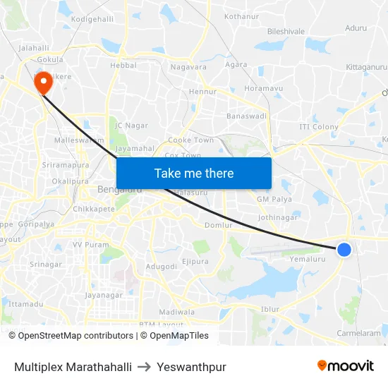 Multiplex Marathahalli to Yeswanthpur map