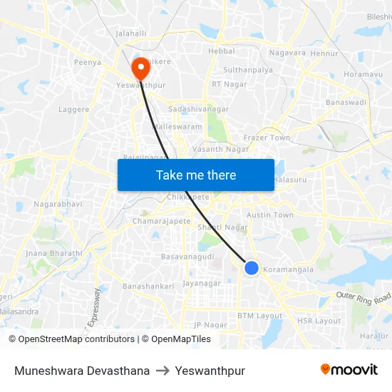 Muneshwara Devasthana to Yeswanthpur map