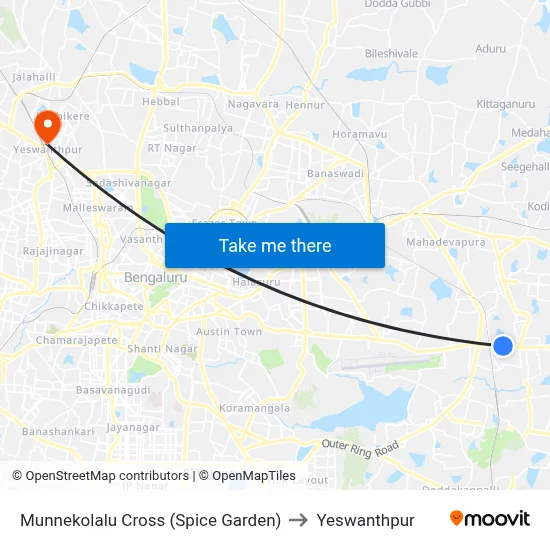 Munnekolalu Cross (Spice Garden) to Yeswanthpur map