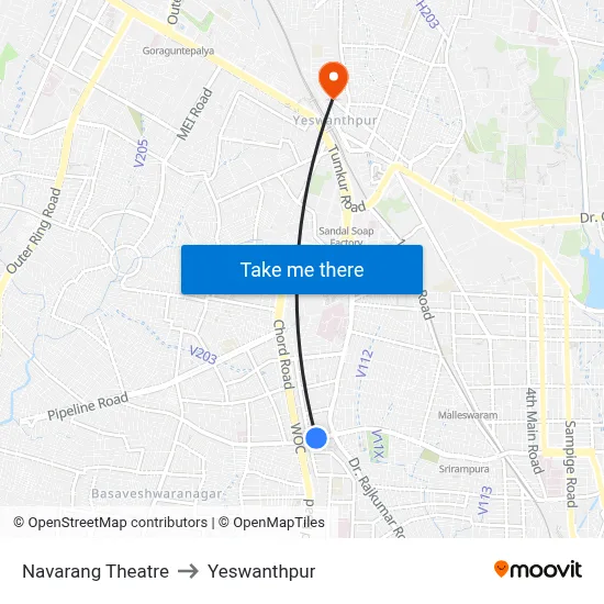 Navarang Theatre to Yeswanthpur map
