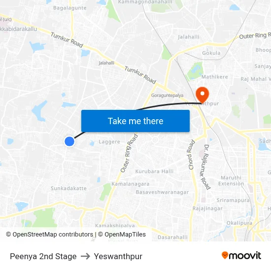 Peenya 2nd Stage to Yeswanthpur map