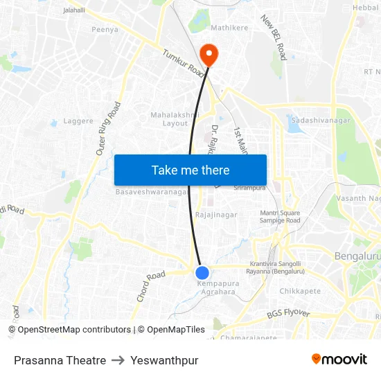 Prasanna Theatre to Yeswanthpur map