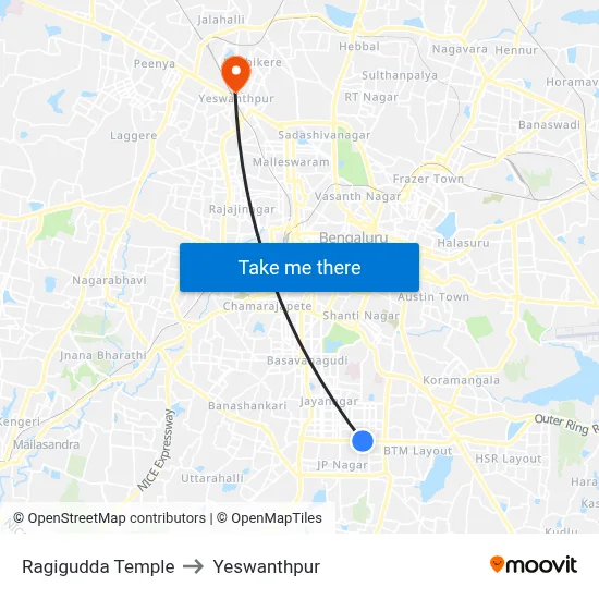 Ragigudda Temple to Yeswanthpur map